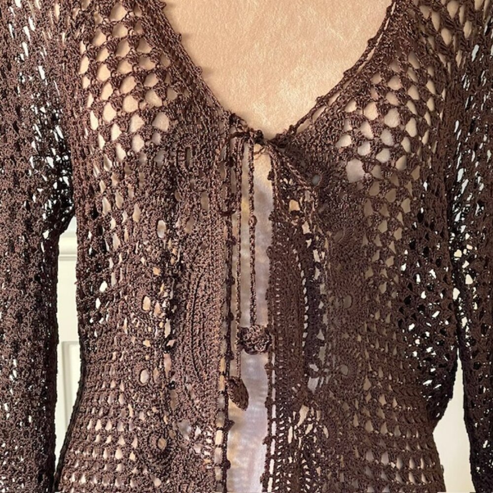 Vintage Y2k Fairy Cottagecore Crochet Knit Brown Sweater Cardigan OS - Picture 3 of 11